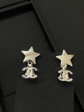 Chanel Star CC Drop Earrings Silver Tone